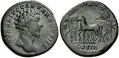 Marcus Aurelius, 161-180. Sestertius (Orichalcum, 32mm, 22.58 g 11), Rome, 161. AVRELIVS CAESAR AVG PII F Bare head of Marcus Aurelius to right, wearing slight drapery on left shoulder. Rev. TR POT XV