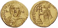 Justinian II, first reign, 685-695. Solidus (Gold, 20mm, 4.49 g 6), Constantinople, 692-695. IhS CRISTDS REX [REGNANT]IuM Draped bust of Christ facing, with long hair and full beard, raising right han