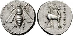 IONIA, Ephesos. Circa 202-150 BC. Drachm (Silver, 16mm, 4.21 g 12), Artemidoros. E - Φ Bee with straight open wings. Rev. ΑΡΤΕΜΙΔΩΡΟΣ Stag standing right; behind, palm tree. Kinns, Ephesus 2.6. SNG Vo