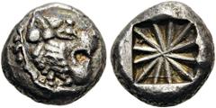 DYNASTS of LYCIA. Uncertain dynast, c. 520-470/60 BC. Stater (Silver, 15mm, 9.21 g), uncertain mint. Lion’s head with open jaws to right. Rev. Incuse square divided into 12 fields in a star-like shape