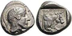DYNASTS of LYCIA. Kherei, c. 440/30-410 BC. Stater (Silver, 17mm, 8.26 g 10), Xanthos (?). Head of Athena to right, wearing Attic helmet. Rev. QldJT Forepart of bull to right. Müseler/Nollé VI, 4. Ton