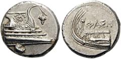 LYCIA, Phaselis. 4th century BC. Stater (Silver, 21mm, 10.31 g 6). Prow of galley right, fighting platform decorated with wreath; to rich, grape bunch on vine. Rev. Stern of galley left; tripod and ΦA