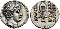 SELEUKID KINGS of SYRIA. Demetrios II Nikator, first reign, 146-138 BC. Drachm (Silver, 16mm, 4.06 g 1), Seleucia in Pieria. Diademed head of Demetrios II to right. Rev. ΒΑΣΙΛΕΩΣ ΔΗΜΗΤΡΙΟΥ ΝΙΚΑΤΟΡΟΣ A