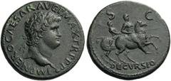 Nero, 54-68. Sestertius (Orichalcum, 35mm, 27.94 g 7), Rome, c. 67. IMP NERO CAESAR AVG P MAX P P Laureate head of Nero to right, with globe at point of bust. Rev. S - C / DECVRSIO Nero, bare-headed a