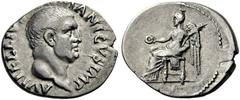 Vitellius, 69. Denarius (Silver, 20mm, 3.27 g 6), Rome, April-December 69. A VITELLIVS GERMANICVS IMP Bare head of Vitellius to right. Rev. Victory seated left on throne, holding patera in her right h