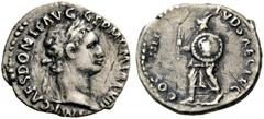 Domitian, 81-96. Quinarius (Silver, 14mm, 1.54 g 6), Rome, September-December 88. IMP CAES DOMIT AVG GERM P M TR P VIII Laureate head of Domitian to right. Rev. COS XIIII LVD SAEC FEC Herald, wearing 