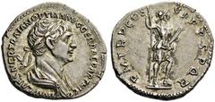 Trajan, 98-117. Denarius (Silver, 19mm, 3.12 g 7), Rome, 114-117. IMP CAES NER TRAIAN OPTIM AVG GER DAC PARTHICO Laureate and draped bust of Trajan to right. Rev. P M TR P COS VI P P S P Q R Helmeted 