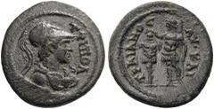 LYDIA, Tripolis. Trajan, 98-117. Assarion (?) (Bronze, 23mm, 5.62 g 0). TPIΠOΛ Bust of Athena to right, wearing Corinthian helmet, Aegis bound around neck. Rev. AV KAI TPAIANOC Trajan standing to left