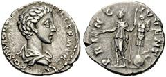 Commodus, as Caesar, 166-177. Denarius (Silver, 18mm, 2.78 g 12), Rome, 172-175. COMMODO CAES AVG FIL GERM SARM Bare-headed and draped bust of Commodus to right, seen from behind. Rev. PRINC IVVENT Co