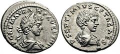 Caracalla, with Geta as Caesar, 198-217. Denarius (Silver, 19mm, 2.88 g 5), Laodicea ad Mare, struck c. 199. IMP CAE M AVR ANT AVG P TR P II Laureate and draped bust of Caracalla to right. Rev. P SEPT