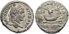 Caracalla, 198-217. Denarius (Silver, 18mm, 3.53 g 1), Rome, 206. ANTONINVS PIVS AVG Laureate head of Caracalla to right. Rev. LAETITIA TEMPORVM Circus scene: in the middle, a galley under sail to lef