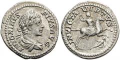 Caracalla, 198-217. Denarius (Silver, 19mm, 2.57 g 6), Rome, 206-210. ANTONINVS PIVS AVG Laureate, draped and cuirassed bust of Caracalla to right. Rev. INVICTA VIRTVS Caracalla, on horse galloping ri