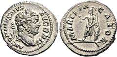 Caracalla, 198-217. Denarius (Silver, 20mm, 3.59 g 1), Rome, 201-213. ANTONINVS PIVS AVG BRIT Laureate head of Caracalla to right. Rev. MARTI PACATORI Mars, helmeted, standing facing, his head turned 