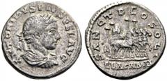 Elagabalus, 218-222. Denarius (Silver, 18mm, 2.48 g 6), Antioch, 218-219. ANTONINVS PIVS FEL AVG Laureate, draped and cuirassed bust of Elagabalus to right. Rev. SANCT DEO SOLI / ELAGABAL Quadriga to 