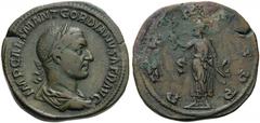 Gordian I, 238. Sestertius (Bronze, 32mm, 22.54 g 1), Rome. IMP CAES M ANT GORDIANVS AFR AVG Laureate, draped and cuirassed bust of Gordian to right. Rev. P M TR P COS P P / S - C Gordian, laureate an