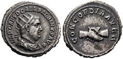 Balbinus, 238. Antoninianus (Silver, 22mm, 4.29 g 12), Rome. IMP CAES D CAEL BALBINVS AVG Radiate, draped and cuirassed bust of Balbinus to right. Rev. CONCORDIA AVGG Clasped right hands. BMC 67. Cohe