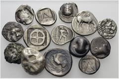 GREEK. Central & Southern Greece. A lot containing 14 silver coins. Includes: Larissa, Drachm (6.80g); Lokroi, Hemidrachm (2.76g); Phokis, Triobol (2.83g); Thebes, Drachm (5.84 g); Aegina, 2, Stater &