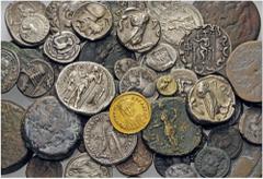 MIXED. A lot containing 56 ancient coins. Includes: Greek, Roman Imperial, Roman Provincial, early Medieval and Islamic coins in gold, electrum, silver and bronze. A most interesting lot for both begi