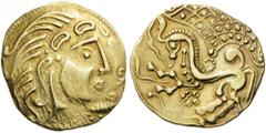 GAUL, Northeast. Parisii, circa 70-60 BC. Stater (Gold, 23mm, 7.09 g 3), class V. Celticized head of Apollo to right, with wavy hair and a floral ornament before. Rev. Disjointed and stylized horse to