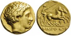 KINGS of MACEDON. Philip II, 359-336 BC. Stater (Gold, 17mm, 8.53 g 11), struck under Philip III, Pella, 323-317. Laureate head of Apollo to right. Rev. ΦΙΛΙΠΠΟΥ Charioteer driving chariot drawn by tw
