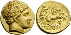 KINGS of MACEDON. Philip II, 359-336 BC. Stater (Gold, 18mm, 8.63 g 6), struck under Philip III, Pella, 323-317. Laureate head of Apollo to right. Rev. ΦΙΛΙΠΠΟΥ Charioteer driving chariot drawn by two