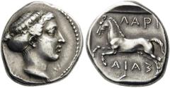 THESSALY, Larissa. Early to mid 4th Century BC. Drachm (Silver, 19mm, 6.03 g 1). Head of the nymph Larissa to right, her hair bound in a plain sakkos. Rev. ΛΑΡΙ-ΣΑΙA (partially retrograde) Bridled hor