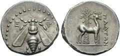 IONIA, Ephesos. Circa 202-150 BC. Drachm (Silver, 18mm, 4.17 g 12), Plato. E-Φ Bee; all within circle of dots. Rev. ΠΛATΩN Stag standing to right; behind, palm tree. Kinns 13. SNG München 77. A nice c