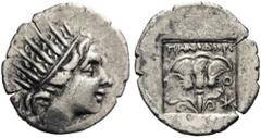 ISLANDS off CARIA, Rhodos. Rhodes . Circa 188-170 BC. Drachm (Silver, 18mm, 2.11 g 12), ‘Plinthophoric’ coinage, Magistrate Menodoros. Radiate head of Helios to right. Rev. P - O / MHNOΔΩPOΣ Rose with