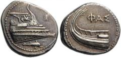 LYCIA, Phaselis. 4th century BC. Stater (Silver, 22mm, 10.42 g 5). Prow of galley right, fighting platform decorated with Pegasos to right; below, dolphin swimming to right. Rev. ΦΑΣ Galley stern on t