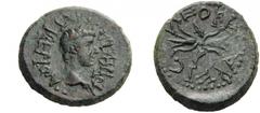 LYDIA, Philadelphia. Tiberius Gemellus (?), Caesar, 35-37. Bronze (17mm, 3.61 g 3). TIBEPION CEBACTON (?) Bare head of Tiberius Gemellus (?) to right. Rev. NEOKECAREIC Winged thunderbolt. RPC 3017. SN
