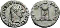 Vitellius, 69. Denarius (Silver, 18mm, 3.21 g 7), Rome, April - December 69. A VITELLIVS GERM IMP TR P Laureate head of Vitellius to right. Rev. XV VIR SACR FAC Tripod with covered vessel; below, rave