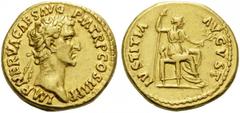 Nerva, 96-98. Aureus (Gold, 18mm, 7.54 g 6), Rome, 97. IMP NERVA CAES AVG P M TR P COS III P P Laureate head of Nerva to right. Rev. IVSTITIA AVGVST Justitia, draped, seated right on low-backed chair,