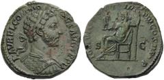 Commodus, 177-192. Sestertius (Orichalcum, 30mm, 20.10 g 12), Rome, 180. L AVREL COMMODVS AVG TR P V Laureate and cuirassed bust of Commodus to right. Rev. IOVI VICTORI IMP III COS II P P / S - C Jupi