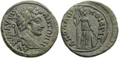 LYDIA, Apollonos-Hieron. Caracalla, 198-217. Bronze (22mm, 6.05 g 5). AV K M AVPH ANTΩNЄI Laureate head of Caracalla to right. Rev. AΠOΛΛΩNOIЄPIT Athena (or Roma) standing right, holding spear in righ