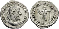 Macrinus, 217-218. Denarius (Silver, 20mm, 3.11 g 6), Rome, April-December 217. IMP C M OPEL SEV MACRINVS AVG Laureate and cuirassed bust of Macrinus to right. Rev. PONTIF MAX TR P COS P P Jupiter sta