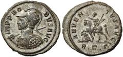 Probus, 276-282. Antoninianus (Billon, 22mm, 3.54 g 5), Rome, 278. IMP PROBVS AVG Radiate, helmeted and cuirassed bust of Probus to left, holding spear with his right hand and shield. Rev. ADVENTVS AV