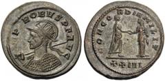 Probus, 276-282. Antoninianus (Billon, 23mm, 4.70 g 7), Siscia, 278. IMP PROBVS P F AVG Radiate, helmeted and cuirassed bust of Probus to left, holding spear with his right hand and shield. Rev. CONCO