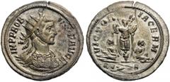 Probus, 276-282. Antoninianus (Billon, 23mm, 3.49 g 12), Rome, 281. PROBVS P F AVG Radiate and cuirassed bust of Probus to right. Rev. VICTORIA GERM / R(thunderbolt)A Trophy of arms with two bound cap