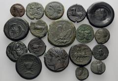 GREEK. Magna Graecia & Sicily. A lot containing 18 bronze coins. Includes: Mostly Syracusan AE. Fine to very fine. LOT SOLD AS IS, NO RETURNS. 18 coins in lot. From a Swiss private collection, formed 