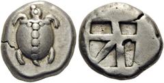 ISLANDS off ATTICA, Aegina. Circa 480-457 BC. Stater (Silver, 21mm, 12.36 g). Sea turtle with line of pellets down the back of its shell. Rev. Square incuse with large skew pattern. Gulbenkian 523. Kr