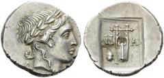 LYCIA, Masikytes. Circa 40-35 BC. Hemidrachm (Silver, 15mm, 1.88 g 12). Λ-[Y] Laureate head of Apollo to right. Rev. M - A Lyre; to left, serpent coiled around omphalos; all within rectangular incuse.