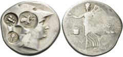 PAMPHYLIA, Side. Circa 205-100 BC. Tetradrachm (Silver, 31mm, 16.47 g 12), Chry..., circa 205-180. Head of Athena to right, wearing crested Attic helmet; three countermarks: 1. Bow in bowcase; to left