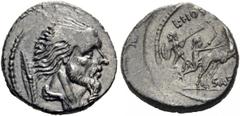 L. Hostilius Saserna, 48 BC. Denarius (Silver, 19mm, 3.87 g 3), Rome. Bearded male head to right, his hair straggling out behind him; cloak around neck and Gallic shield behind. Rev. L HOSTILIVS / SAS
