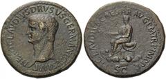 Nero Claudius Drusus, died 9 BC. Sestertius (Orichalcum, 36mm, 30.50 g 6), Rome, struck under Claudius, 42-43. NERO CLAVDIVS DRVSVS GERMANICVS IMP Bare head of Nero Claudius Drusus to left. Rev. TI CL