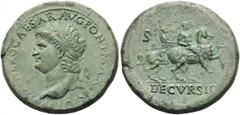 Nero, 54-68. Sestertius (Orichalcum, 34mm, 26.83 g 6), Lugdunum, c. 66. IMP NERO CAESAR AVG PONT MAX TR POT P P Laureate head of Nero to left, with globe at point of bust. Rev. DECVRSIO / S - C Nero, 