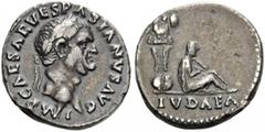 Vespasian, 69-79. Denarius (Silver, 17mm, 3.29 g 6), Rome, 70. IMP CAESAR VESPASIANVS AVG Laureate head of Vespasian to right. Rev. IVDAEA Judaea seated in attitude of mourning to right, her head rest