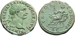 Trajan, 98-117. Dupondius (Orichalcum, 28mm, 13.14 g 7), 101-102. IMP CAES NERVA TRAIAN AVG GERM P M Radiate head of Trajan to right. Rev. TR POT COS IIII P P / S C Abundantia seated l. on chair forme