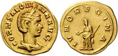 Salonina, Augusta, 254-268. Aureus (Gold, 19mm, 3.42 g 6), Viminacium, circa 256. CORN SALONINA AVG Diademed and draped bust of Salonina to right. Rev. IVNO REGINA Juno standing to left, holding pater