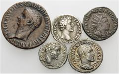 ROMAN. Imperial. A lot containing 4 silver and 1 bronze coin. Includes: Claudius, Marcus Aurelius as Caesar, Septimius Severus, Maximinus Thrax, Valerian I. Fine and better. LOT SOLD AS IS, NO RETURNS