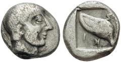 Greek MACEDON. Skione. circa 480-450 BC. Tetrobol (Silver, 12 mm, 2.02 g, 7 h), Bare head of Protesilaos to right. Rev. ΣKI Eye of ship within incuse square. SNG ANS 708. Nice metal. Very fine. This c